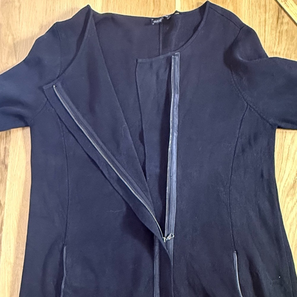 Eileen Fisher Long Knit Cardigan Jacket, Black Silk-Cotton Blend leather trim XL - Picture 12 of 12